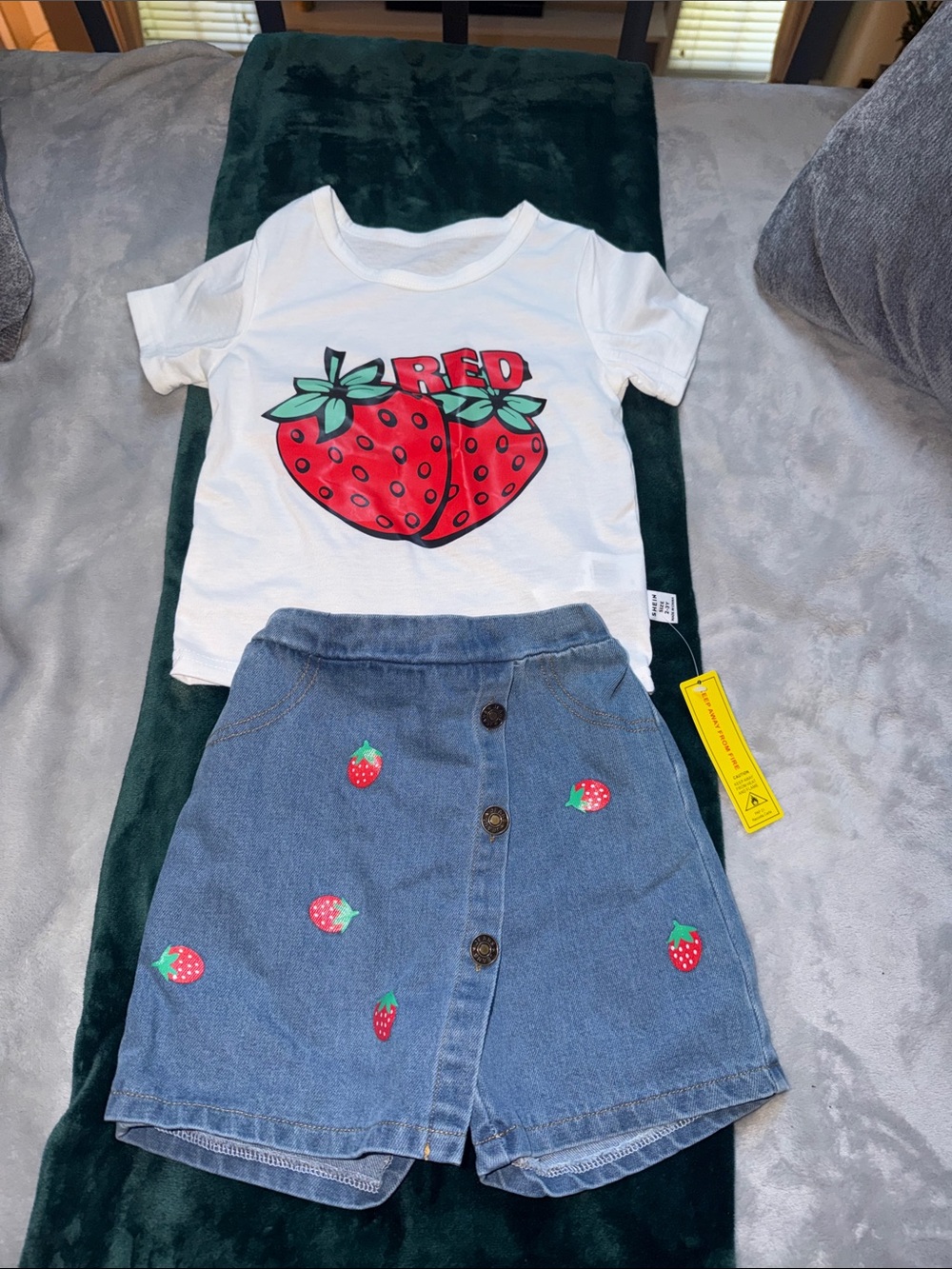 SHEIN White Red Strawberry Tee & Blue Denim Skirt Set